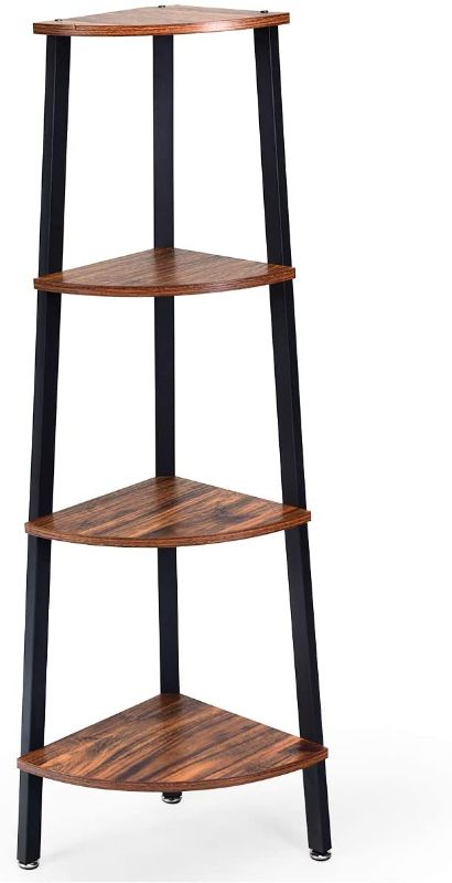 Photo 1 of 4-Tier Corner Shelf Industrial Multipurpose Bookcase, Home or Office Storage Rack, Wood Plant Stand with Metal Frame (Rustic Brown)