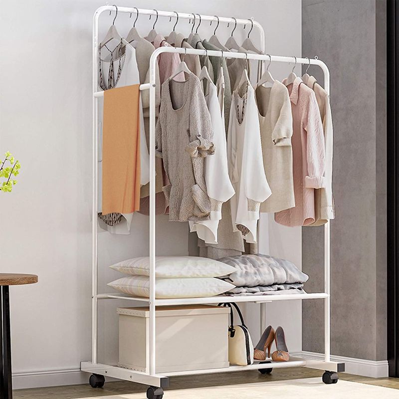 Photo 1 of Untyo Clothes Rack with Wheels Double Rails Clothing Rack Rolling Rack for Indoor Bedroom Clothes Rack Max Load 110LBS White Shelf on Wheels
