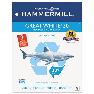 Photo 1 of Great White 30 Recycled Print Paper 92 Bright 3Hole 20Lb 8.5 X 11 White 500 Sheets/Ream 10 Reams per Each Carton | 1 Carton of: 10
