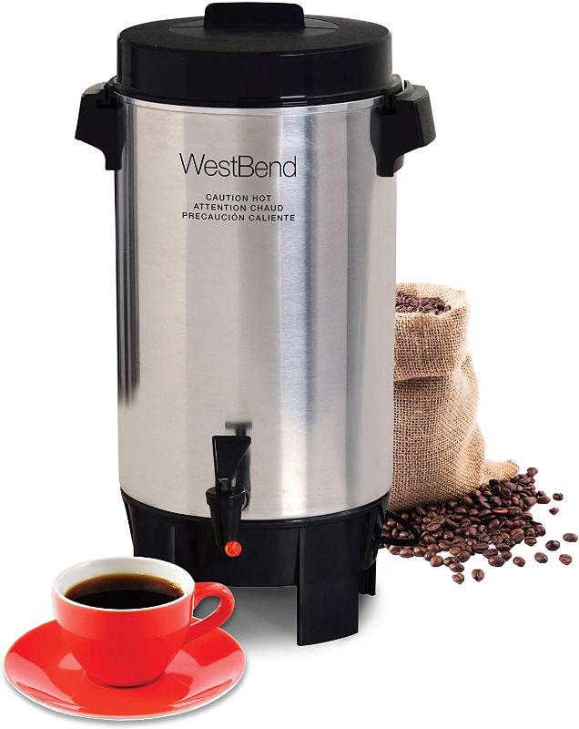 Photo 1 of West Bend Highly Polished Aluminum Commercial Coffee Urn Features Automatic Temperature Control Large Capacity with Quick Brewing Easy Prep & Clean Up, 42-Cup, Silver
