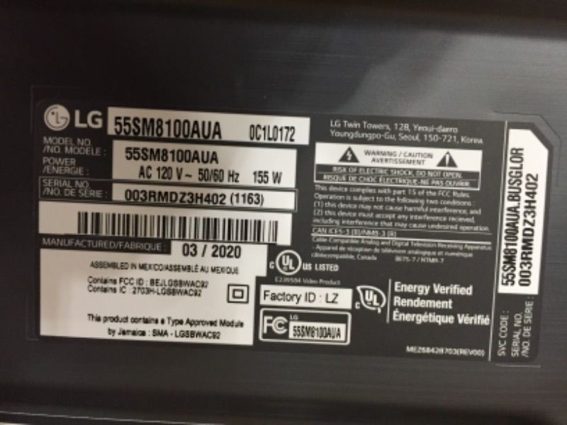 Photo 3 of LG 55SM8100AUA Alexa Built-in Nano 8 Series 55" 4K Ultra HD Smart LED NanoCell TV (2019)

//MISSING REMOTE AND HARDWARE
