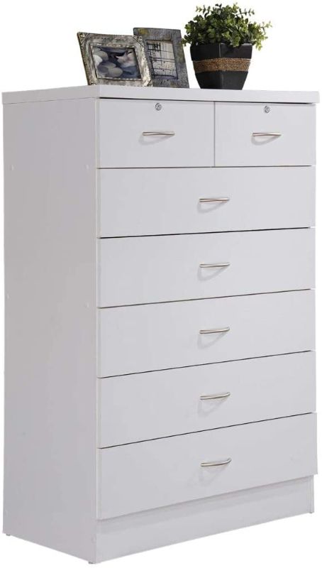 Photo 1 of HODEDAH IMPORT Hodedah 7 Chest with Locks on 2-Top Drawers in White Dresser, Assembled dimensions: 48 in. H x 31.5 in. W x 18 in. D

