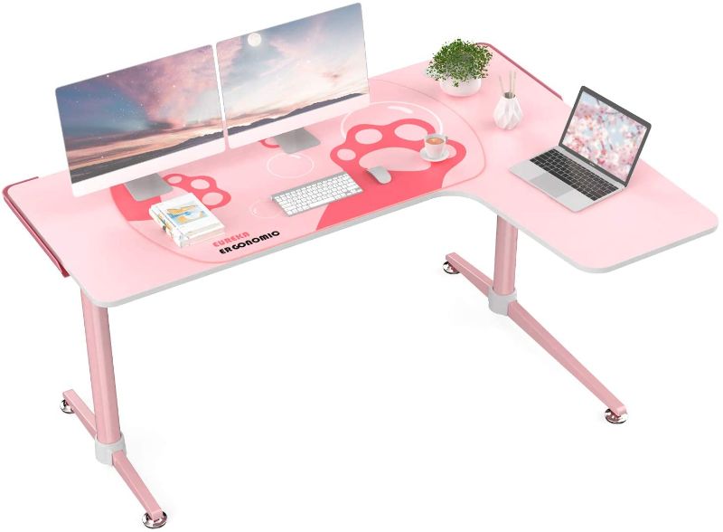 Photo 1 of EUREKA ERGONOMIC L60 Corner Gaming Desk, L-Shape Pink Gaming Computer Desk Home Office Writing Table 60 X 43in W Mousepad Popular Gift for Girl/Female/E-Sports Lover Right Side 44"D x 61.87"W x 30"H

 