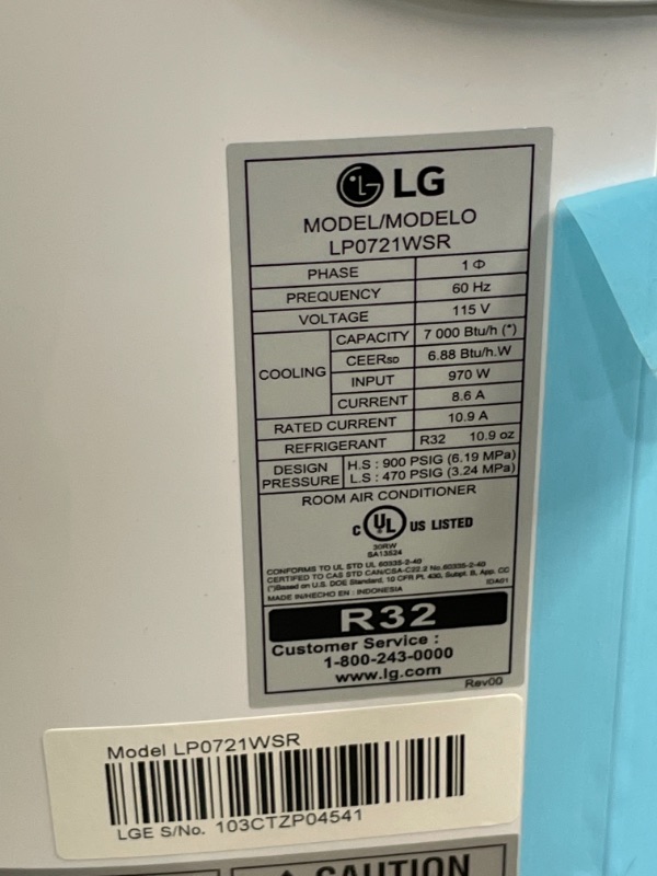 Photo 3 of LG 7,000 BTU (DOE) / 10,000 BTU (ASHRAE) Portable Air Conditioner, Cools 300 Sq.Ft. (12' x 25' room size), Quiet Operation, LCD Remote, Window Installation Kit Included, 115V
 13.27 x 17.32 x 27.36 inches
