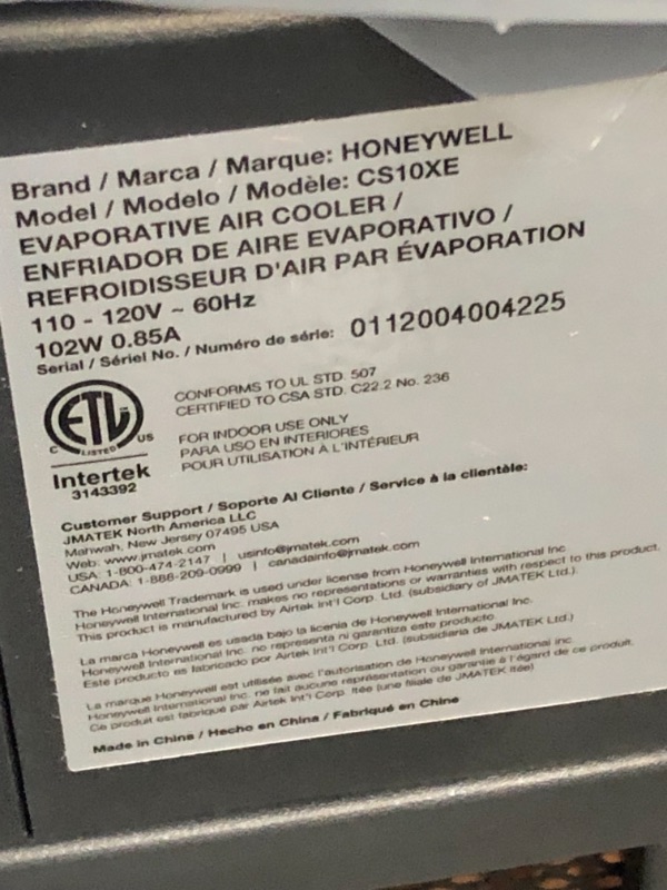 Photo 5 of Honeywell Fan & Humidifier with Detachable Tank, Carbon Dust Filter & Remote Control, CS10XE Indoor Portable Evaporative Cooler, 300 CFM, Silver/Gray
