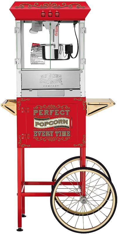 Photo 1 of ***INCOMPLETE**
Professional Popcorn Cart Makes Up to 32 Cups, Three Storage Candy & Kernel Dispenser Also for Nuts, Chocolate, Measuring Spoons and Scoop Included,  Red

//Missing the main component - the electric heating kettle//wheels .//incomplete 