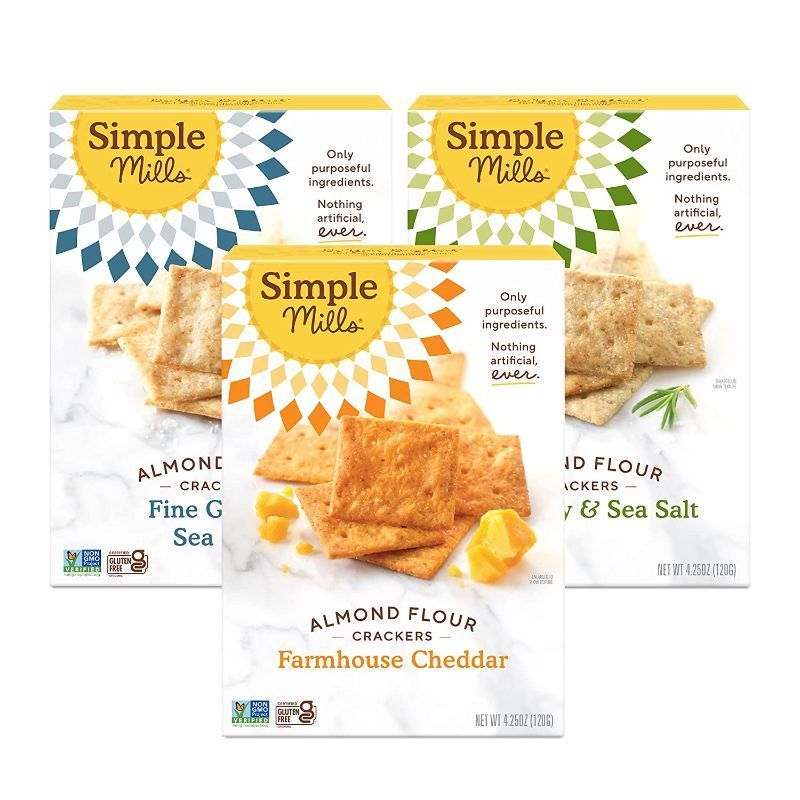 Photo 1 of ***EXPIRED***
Simple Mills, Snacks Variety Pack, Fine Ground Sea Salt, Rosemary & Sea Salt, Farmhouse Cheddar Variety Pack, 9 Count packs,(Packaging May Vary) Best by 08/08/2021