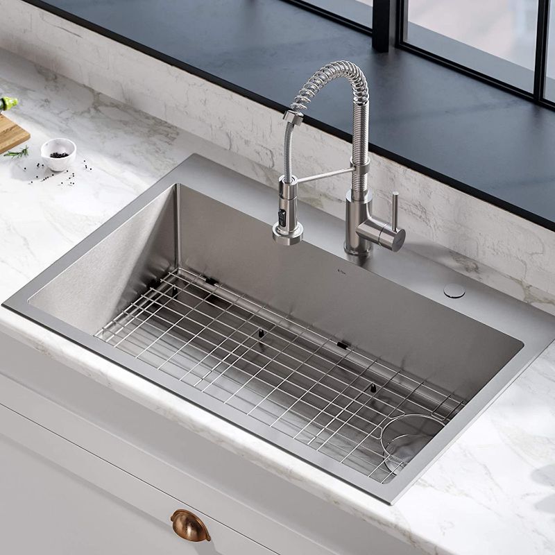 Photo 1 of Kraus KHT410-33 Standart Pro Drop-in Topmount 16 Gauge Single Bowl 2-Hole Stainless Steel Set (4 Item Bundle: Sink, Bottom Grid, Assembly, Drain Cap), 33 Inch, Tight Radius
