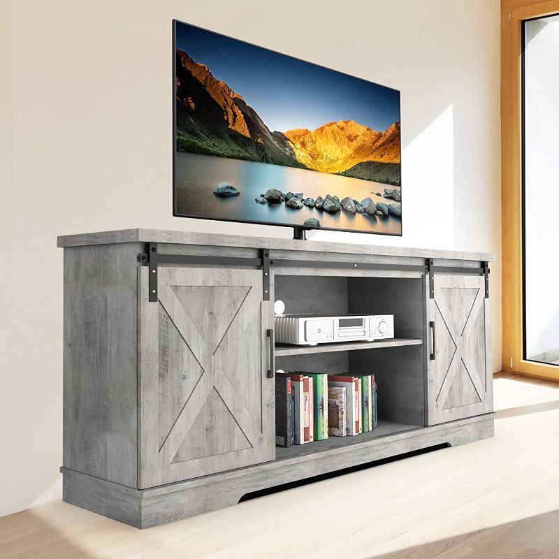 Photo 1 of Modern Farmhouse Sliding Barn Door TV Stand, IDEALHOUSE TV Stand for 65 Inch Tv, 59 Inch Entertainment Center TV Console, Home Living Room Storage Table with Movable Shelf (Stone Grey)
