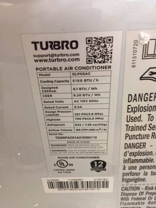 Photo 4 of TURBRO Greenland 8,000 BTU Portable Air Conditioner, Dehumidifier and Fan, 3-in-1 Floor AC (5,000 BTU SACC) Unit for Rooms up to 300 Sq Ft, Sleep Mode, Timer, Remote Included
