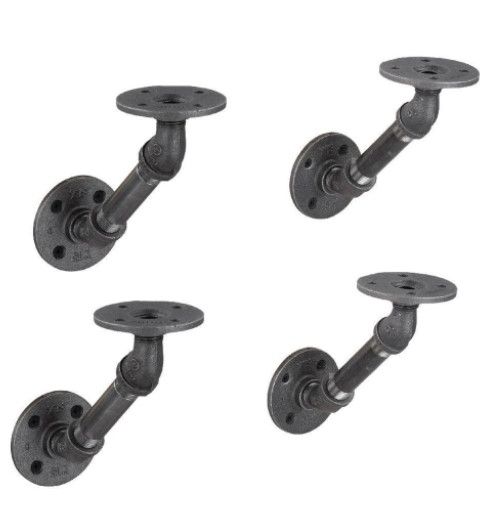 Photo 1 of 1/2 in. Black Pipe 5.75 in. W x 5.75 in. H Wall Mounted Double Flange Angled Shelf Bracket Kit (4-Pack)
