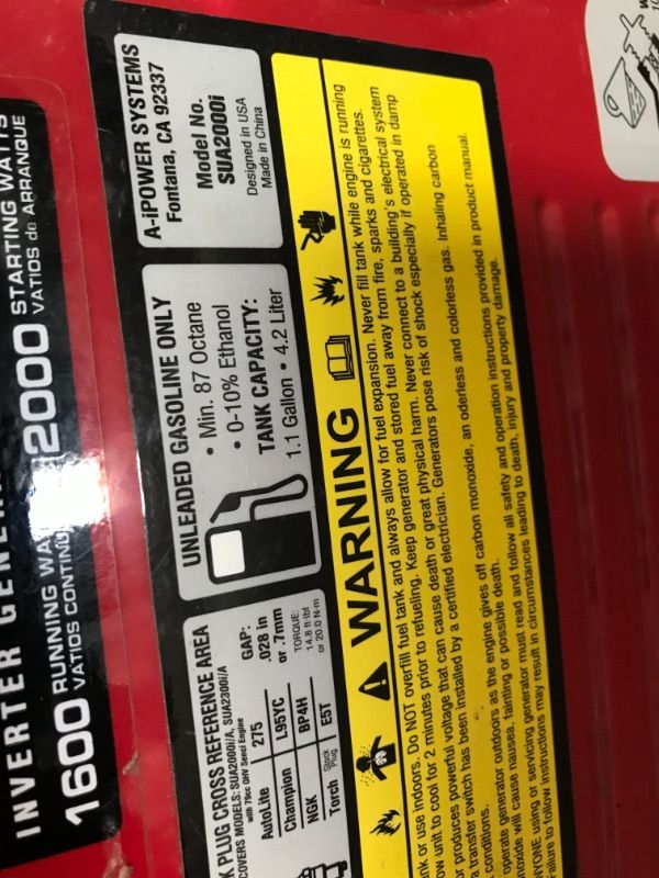 Photo 3 of A-iPower SUA2000iV 2000 Watt Portable Inverter Generator Gas Powered, Small with Super Quiet Operation for Home, RV, or Emergency
