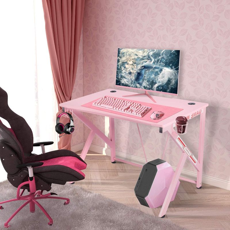 Photo 1 of Ergonomic Gaming Desk – 42” K Shaped Computer Table for Home Office Gamer Workstation with 2 Headphone Hooks and Cable Management (Pink)
