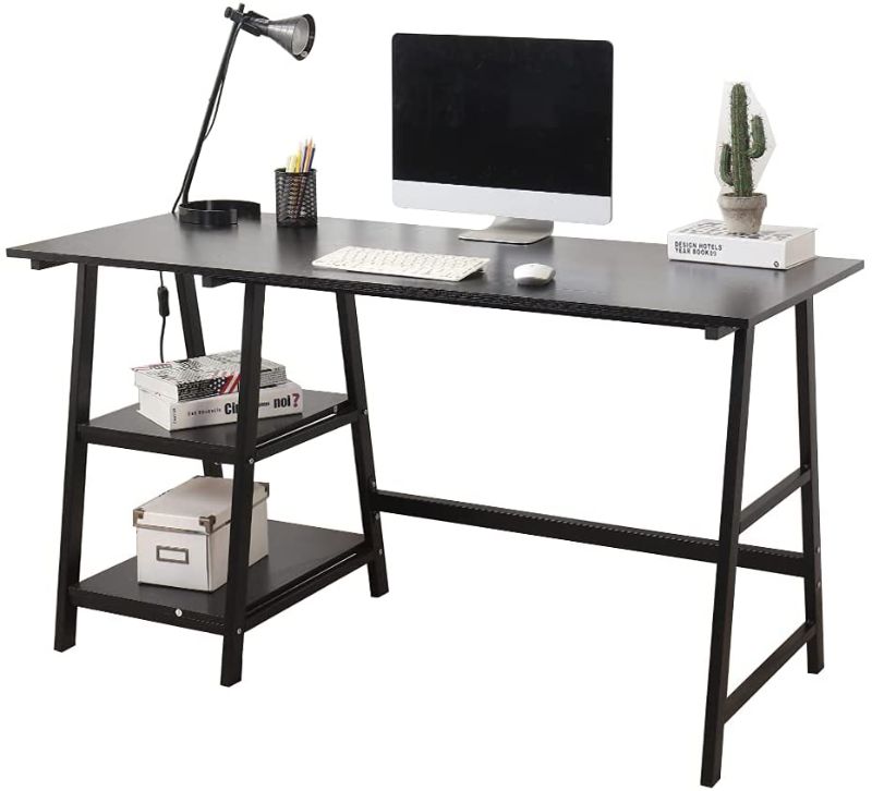 Photo 1 of Soges 55 inches Computer Desk Trestle Desk Writing Home Office Desk Hutch Workstation with Shelf Storage Desk Black CSTplus140BKN