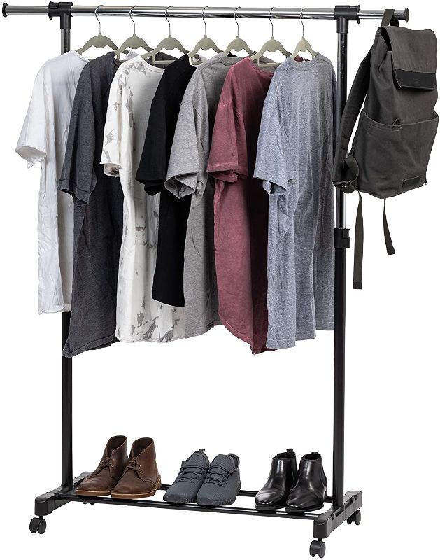 Photo 1 of IRIS USA Height Adjustable Garment, Clothing Rack, Hanger, B Single-Rod (Extendable with Lockable Wheels)
