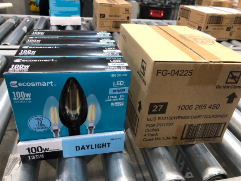 Photo 1 of 100-Watt Equivalent B13 Dimmable Blunt Tip Candle Clear Glass Filament LED Vintage Edison Light Bulb Daylight (3-Pack)
8 BOXES OF  3 PACKS EACH 