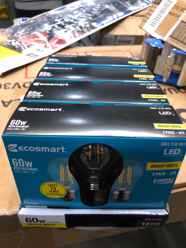 Photo 1 of 60-Watt Equivalent A15 Dimmable Clear Glass Filament LED Vintage Edison Light Bulb in Bright White (3-Pack)
4 BOXES OF  3 PACKS EACH 