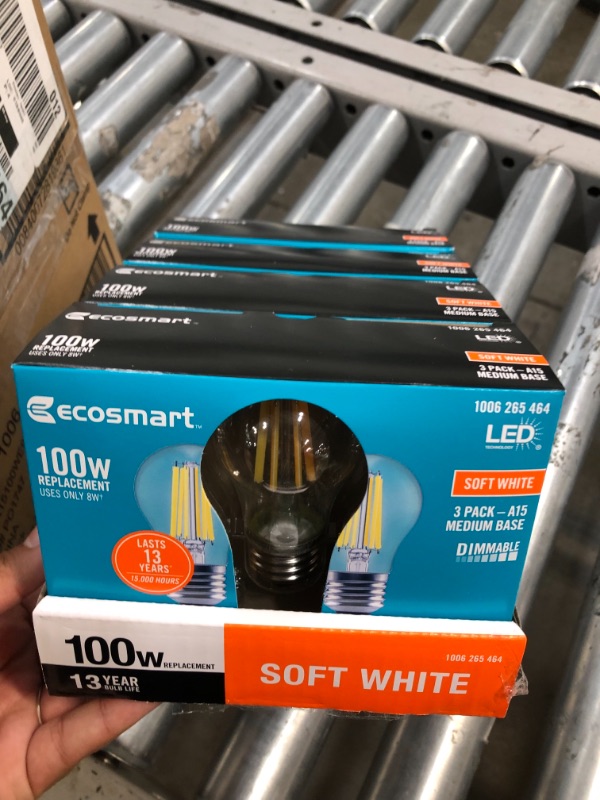 Photo 2 of 100-Watt Equivalent A15 Dimmable Appliance Fan Clear Glass Filament LED Vintage Edison Light Bulb Soft White (3-Pack)
8 BOXES OF  3 PACKS  EACH 
