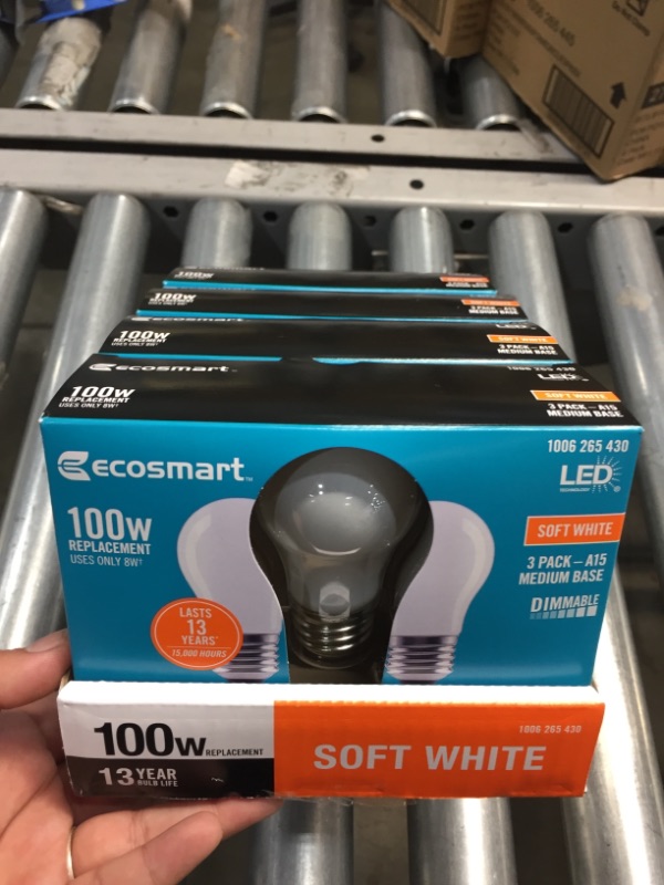 Photo 2 of 100-Watt Equivalent A15 Dimmable Appliance Fan Frosted Glass Filament LED Vintage Edison Light Bulb Soft White (3-Pack)
4 boxes of  3 packs each 
