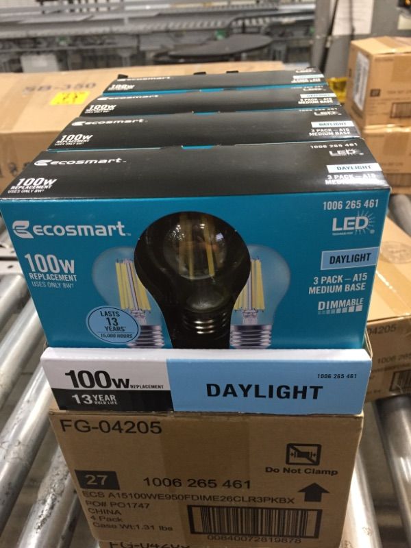 Photo 2 of 100-Watt Equivalent A15 Dimmable Appliance Fan Clear Glass Filament LED Vintage Edison Light Bulb Bright White (3-Pack)
4 boxes  of 3 packs each 
