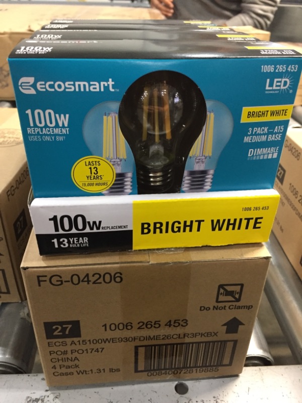 Photo 2 of 100-Watt Equivalent A15 Dimmable Appliance Fan Clear Glass Filament LED Vintage Edison Light Bulb Bright White (3-Pack)
8 boxes of 3 packs each  