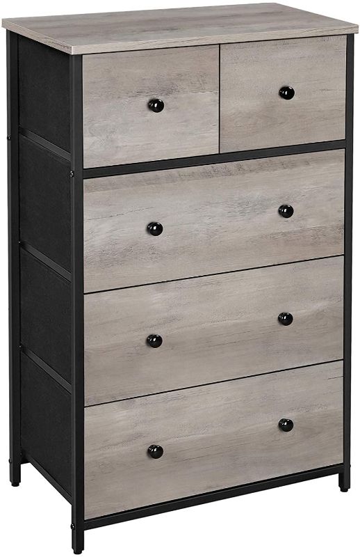 Photo 1 of **parts only** SONGMICS Rustic Drawer Dresser, Storage Dresser Tower with 5 Fabric Drawers, Wooden Front and Top, Industrial Style Dresser Unit, for Living Room, Hallway, Nursery, Greige and Black ULGS045G01
