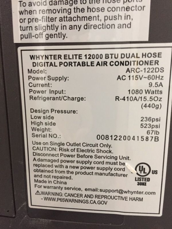 Photo 4 of ***PARTS ONLY*** Whynter Elite 12000 BTU Dual Hose Digital Portable Air Conditioner with Heat