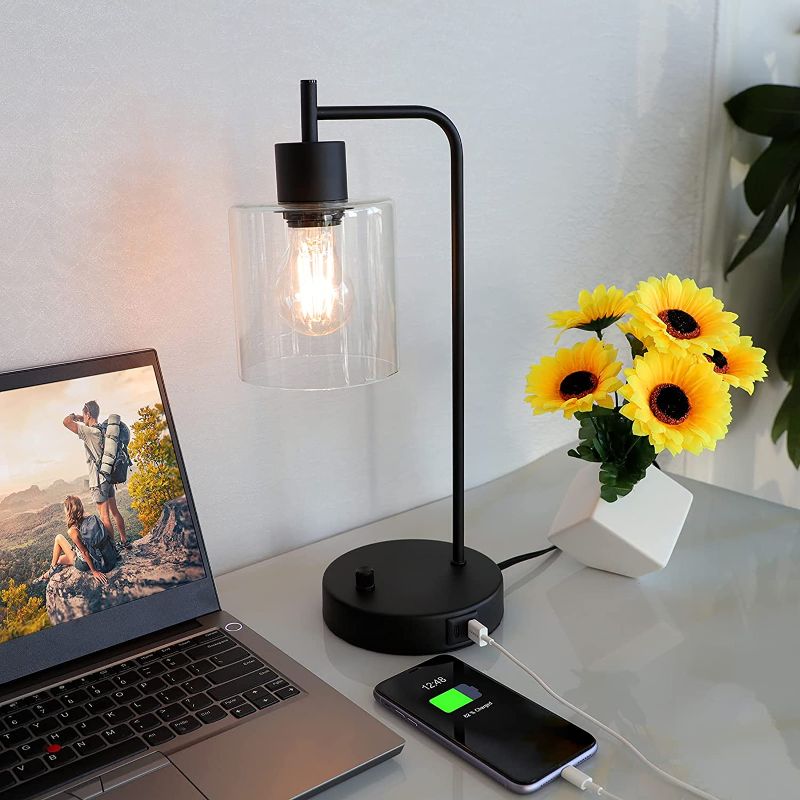 Photo 1 of Set of 2 Industrial Table Lamps with 2 USB Charging Ports, Stepless Dimmable Black Desk Lamp with Glass Shade, Bedside Nightstand Lamps for Bedroom Living Room Office Reading, Warm White E26 LED Bulb
