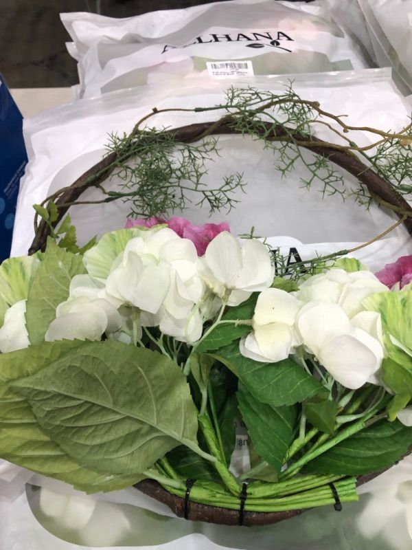 Photo 1 of ALLHANA Hydrangea Wreath for Front Door, 16-18 Inch Artificial Spring Green Leaves Summer Wreaths for All Seasons Farmhouse Home Wall Window Decor
