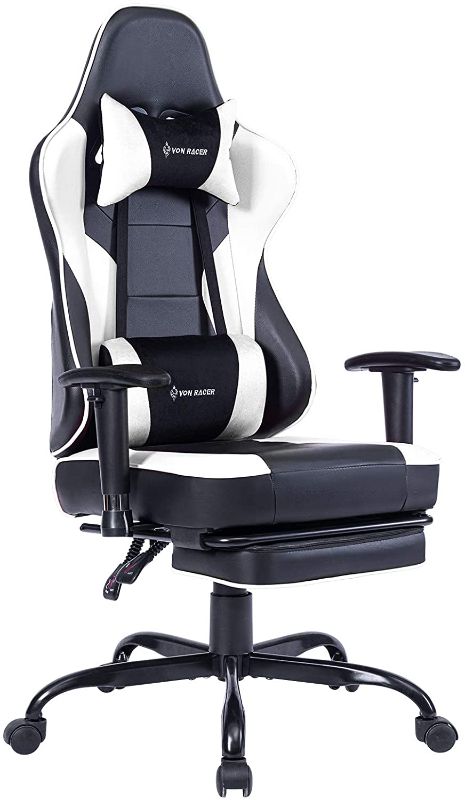 Photo 1 of PARTS ONLY
VON RACER Massage Gaming Chair Video Racing Computer Chair Adjustable Massage Lumbar Cushion Retractable Footrest and Arms High Back Ergonomic Leather Office Desk Chair WhiteBlack
