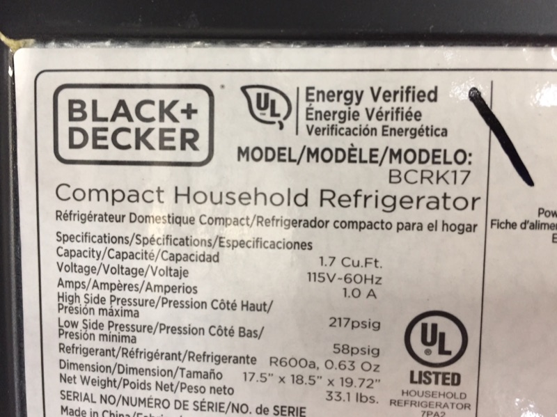 Photo 2 of BLACK+DECKER BCRK17B Compact Refrigerator Energy Star Single Door Mini Fridge with Freezer, 1.7 Cubic Feet, Black
