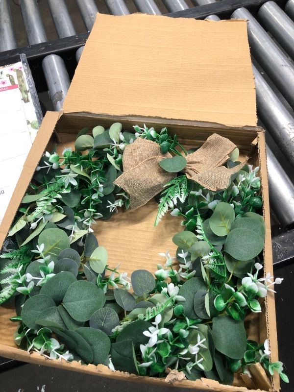 Photo 1 of PurpleSwan 15" Wreath, Artificial Green Leaf Eucalyptus Wreath, Wreaths for Spring/Summer/All Season, Farmhouse Decor for Front Door, Ornaments for Outdoor/Indoor/Wall/Window/Porch/Home Decoration.
