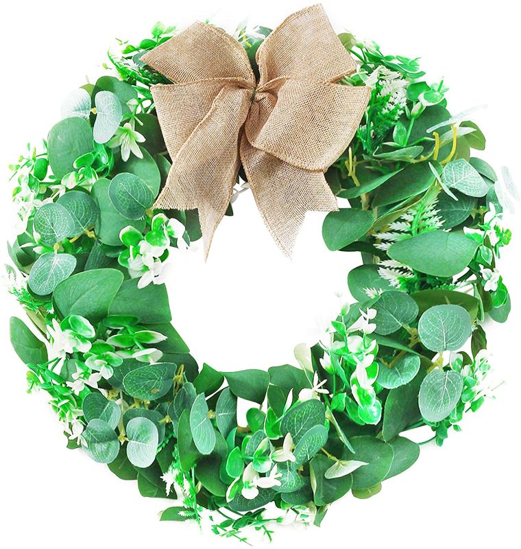 Photo 1 of PurpleSwan 15" Wreath, Artificial Green Leaf Eucalyptus Wreath, Wreaths for Spring/Summer/All Season, Farmhouse Decor for Front Door, Ornaments for Outdoor/Indoor/Wall/Window/Porch/Home Decoration.

