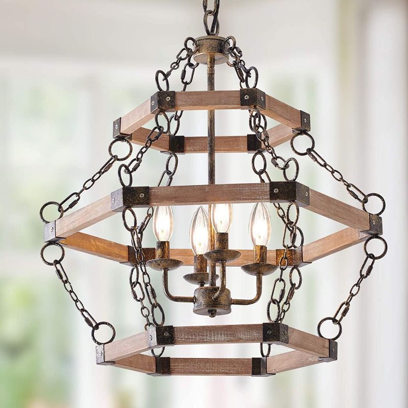Photo 1 of Wood Chandelier Ceiling Pendant Lighting,4-Light Vintage Industrial Hanging Light Fixture for Bedroom Kitchen Island Livingroom Farmhouse Foyer…

