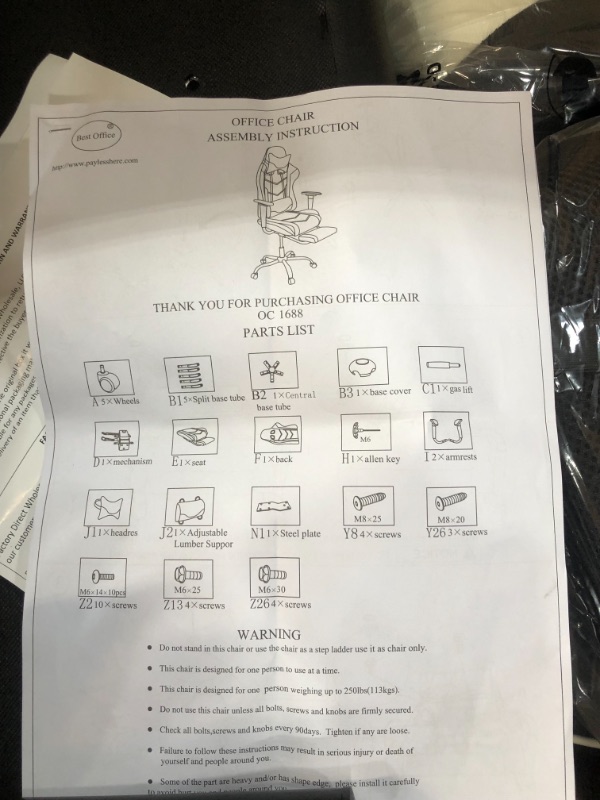 Photo 6 of Gaming Chair with Footrest, Ergonomic Office Chair, Adjustable Swivel Leather Desk Chair, Reclining High Back Computer Chair with Lumbar Support and...
PARTS ONLY AND MANULE(MISSING HARDWARE)