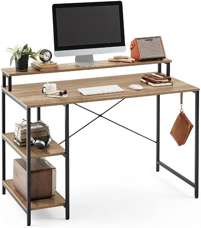 Photo 1 of LINSY HOME Computer Desk with Shelves, 47 Inch Work Table for Home Office, Laptop Table with Monitor Stand for Small Spaces, Rustic Oak Finished
