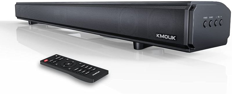 Photo 1 of Soundbar for TV, KMOUK Sound Bar with Built-in Dual Subwoofers, Soundbar with 6 Speakers, 4 Equalizer Mode Bluetooth 5.0, HDMI ARC/Optical/AUX Connection, 100W Soundbar 2.1 with Bass Upgraded Version