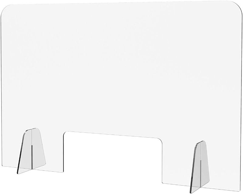 Photo 1 of Shield Geek Sneeze Guard for Counter - Freestanding Plexiglass Shield with Larger Opening at the Bottom - Crystal Clear Acrylic - for Business, Cashier Counters, and Restaurants (36" wide by 24" tall)
**DAMAGED, ONLY FOUND 1 LEG**
