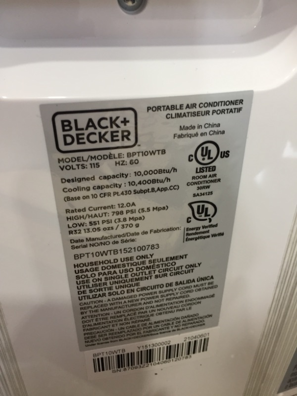 Photo 5 of BLACK+DECKER BPT10WTB Portable Air Conditioner with Remote Control, 10,000 BTU SACC/CEC (14,000 BTU ASHRAE), Cools up to 450 Square Feet, White
