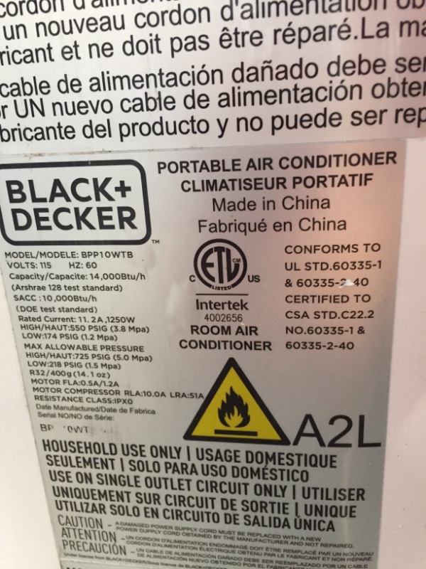 Photo 6 of BLACK+DECKER BPP10WTB Portable Air Conditioner with Remote Control, 10,000 BTU SACC/CEC (14,000 BTU ASHRAE), Cools up to 450 Square Feet, White
**DAMAGED, TURNS ON, MISSING COMPONENTS**