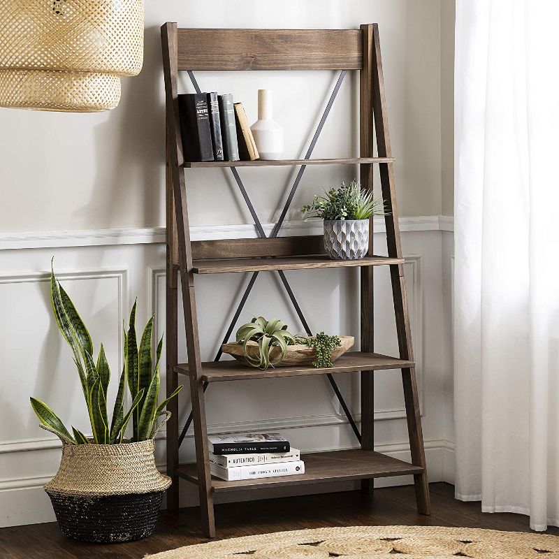 Photo 1 of Walker Edison X Back Modern Farmhouse Wood Bookcase Bookshelf Home Office Living Room Storage, 4 Shelves, Brown
