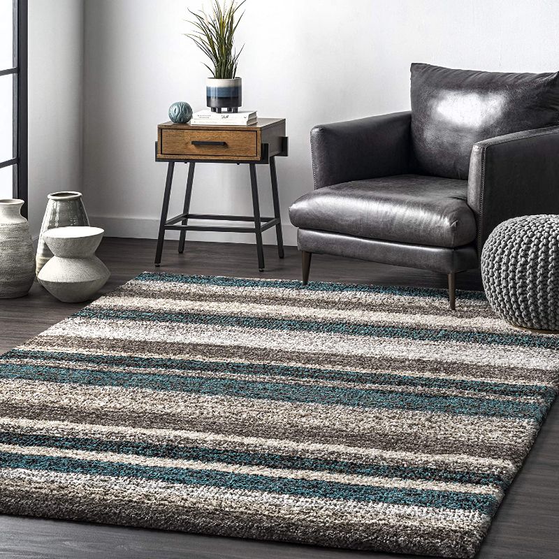 Photo 1 of Classie Striped Shag Teal 5 ft. x 8 ft. Area Rug
