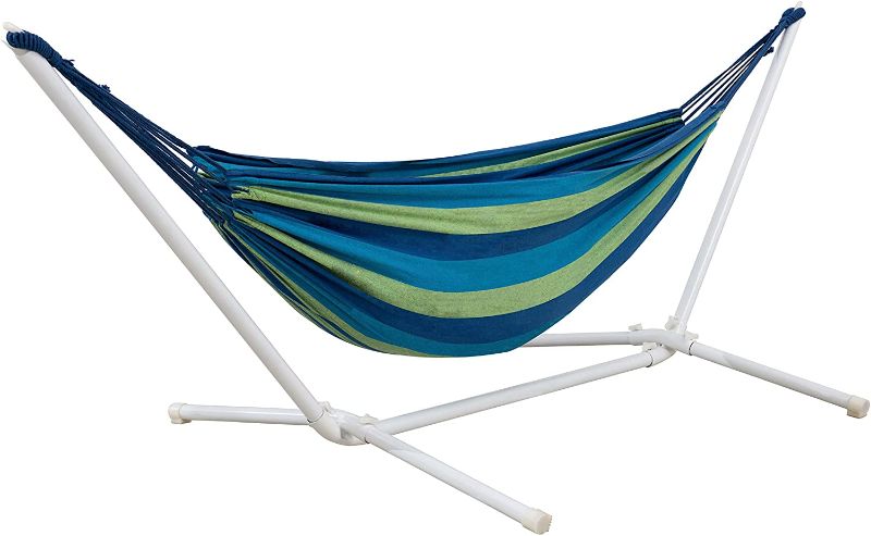 Photo 1 of Amazon Basics Polycotton Double Hammock with White Easy Assembly Powder-Coated Steel Stand - Blue and Green Stripe
