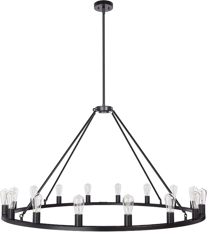 Photo 1 of Black Wagon Wheel Chandelier - Modern Farmhouse Round Rustic Kitchen Lighting - Large Chandeliers for High Ceilings - 48" 16 Light Hanging Fixture
