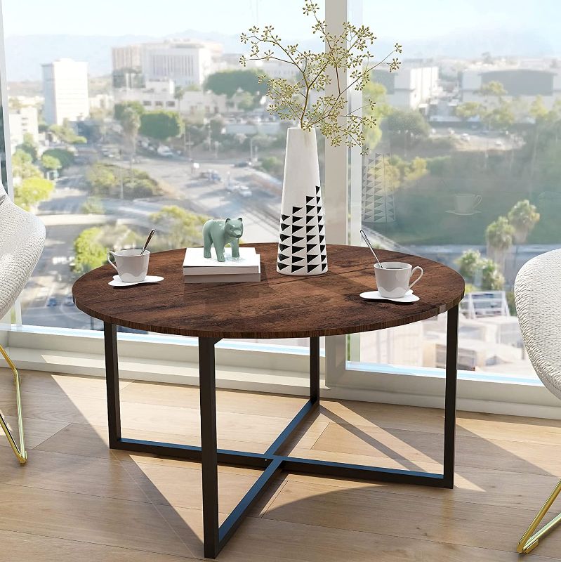 Photo 1 of Round Coffee Table Kitchen Dining Table Modern Leisure Tea Table Office Conference Pedestal Desk Computer Study Desk Rustic Brown/Black
