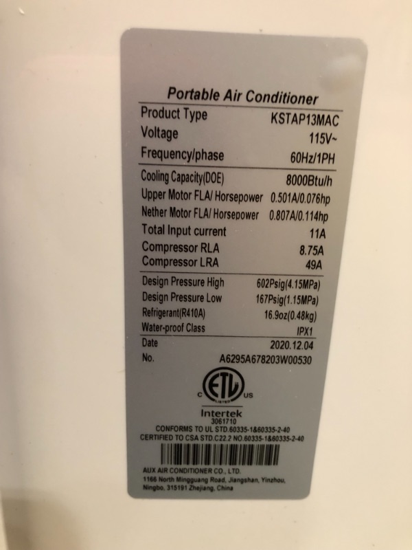 Photo 5 of 13,000 BTU (8,000 BTU DOE) Portable Air Conditioner with Dehumidifier in White