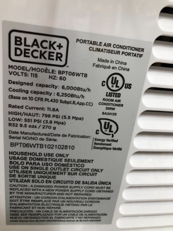 Photo 2 of BLACK+DECKER BPACT08WT Portable Air Conditioner with Remote Control, 5,000 BTU DOE (8,000 BTU ASHRAE), Cools Up to 150 Square Feet, White
**MISSING COMPONENTS**