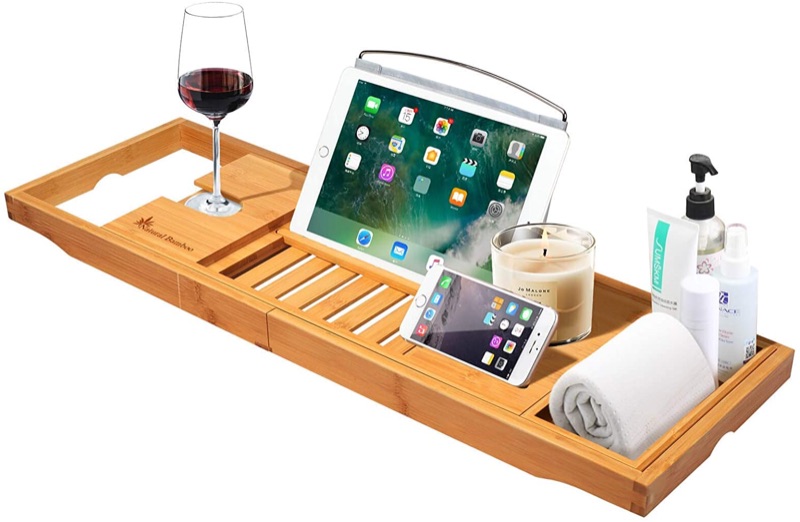 Photo 1 of Bamboo Bath Tray Bathtub Caddy | Natural Bamboo Extendable Bath Bridge Tray Shelf for Luxury Bath with Book Holder for Smartphone Mug Wine Glass Pad Soap | Fits Most Bath Sizes 
//USED 