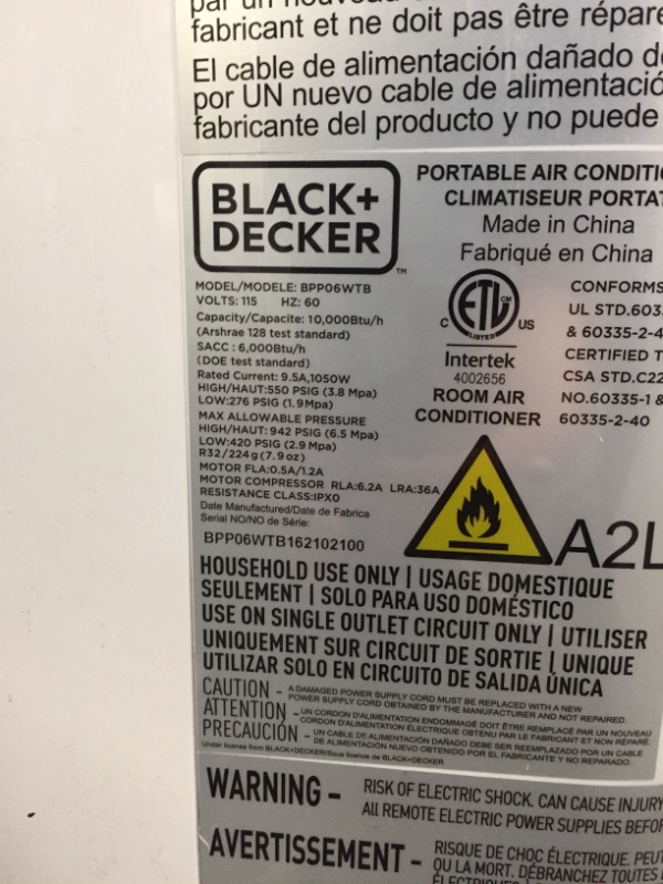 Photo 7 of BLACK+DECKER BPP06WTB Portable Air Conditioner with Remote Control, 10,000 BTU, Cools Up to 250 Square Feet, White
NOT BOXED!