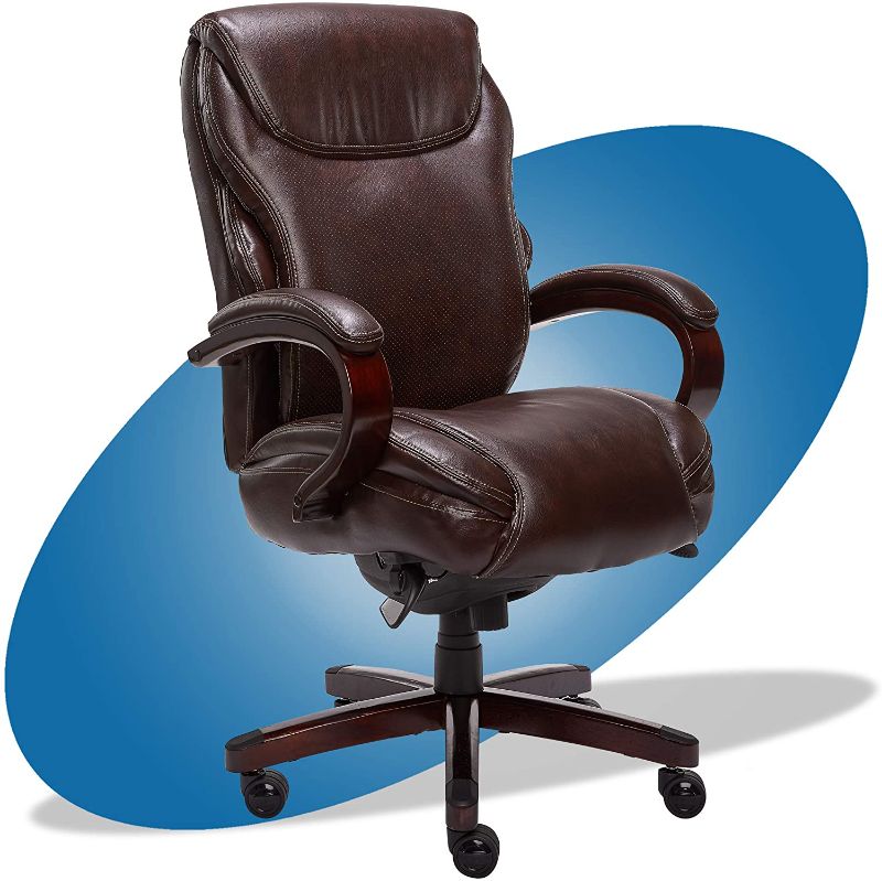 Photo 1 of La-Z-Boy Hyland Executive Office Chair with AIR Technology, Adjustable High Back Ergonomic Lumbar Support, Bonded Leather, Brown with Mahogany Wood Finish
NOT BOXED!